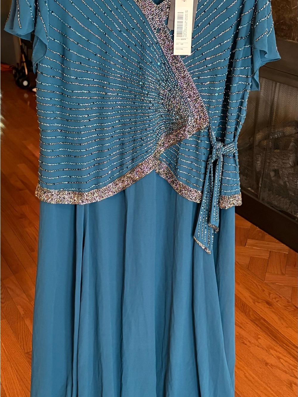 J Kara 16W plus size Teal Beaded Wrap-Style Women's Evening Gown